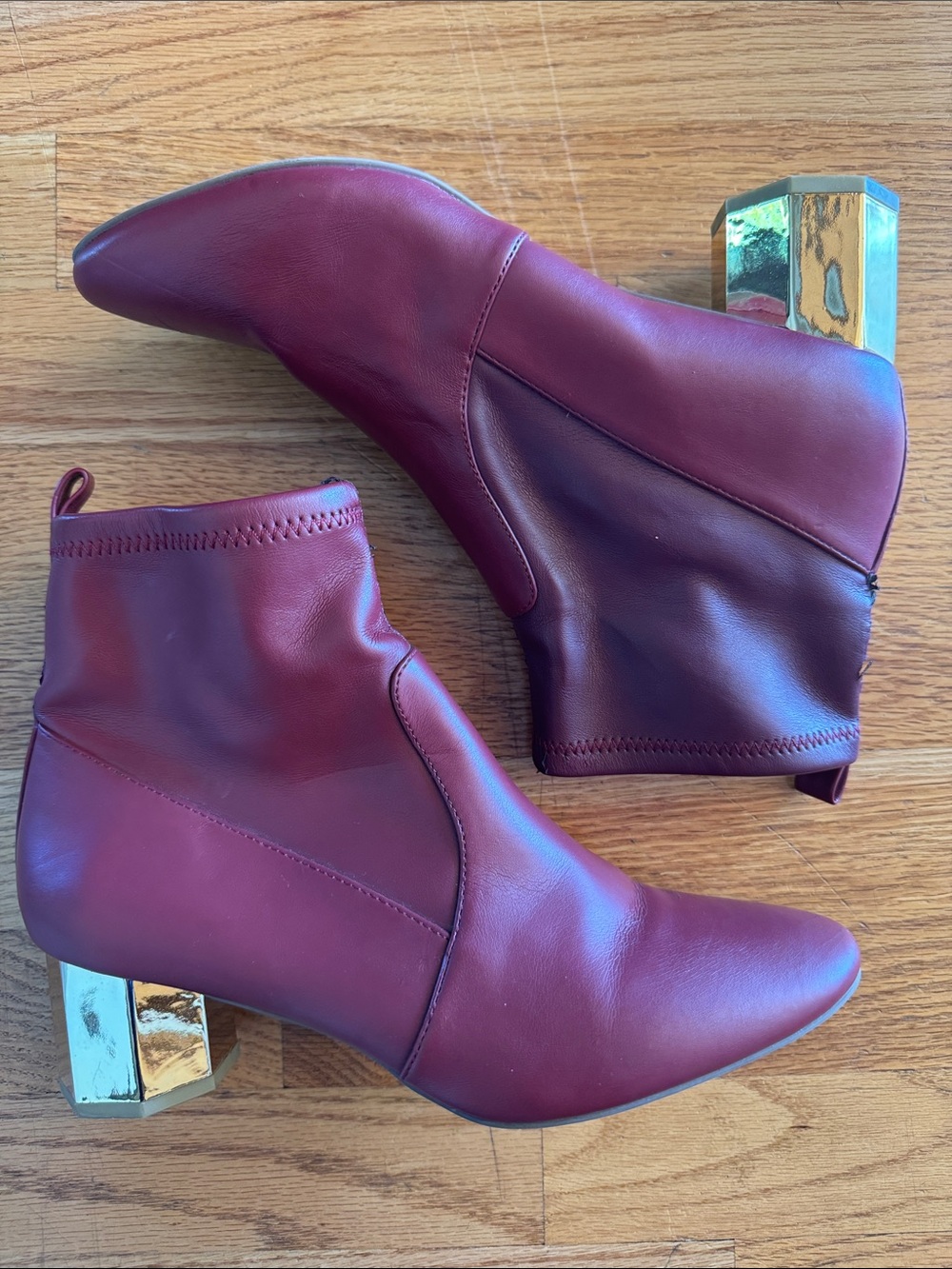 Katy Perry Wine Burgundy Ankle Booties with Gold Block Heel 8.5